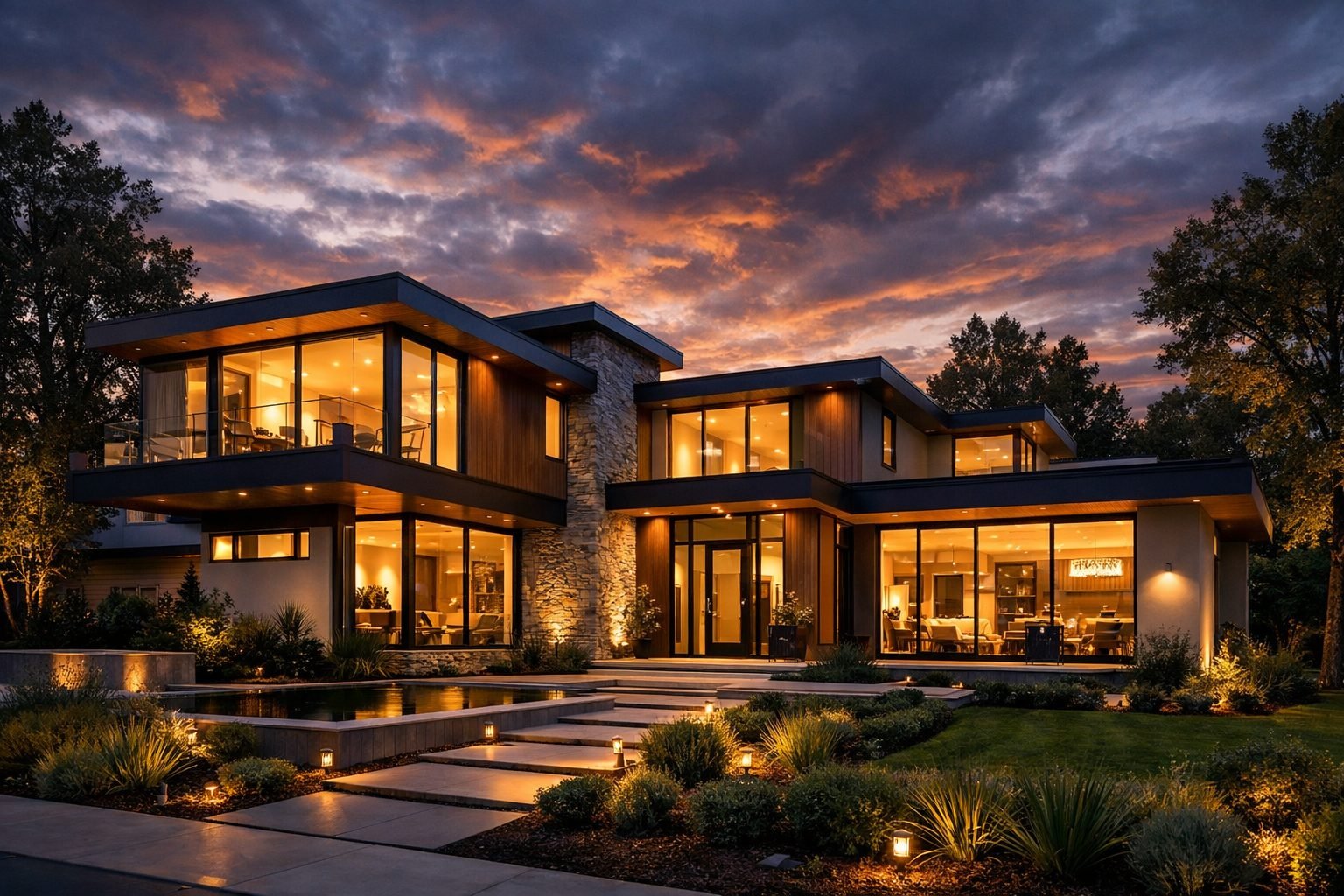 Modern home illuminated at dusk